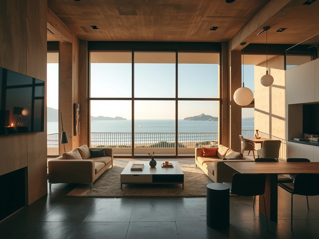 Intérieur moderne avec béton ciré et verrière panoramique